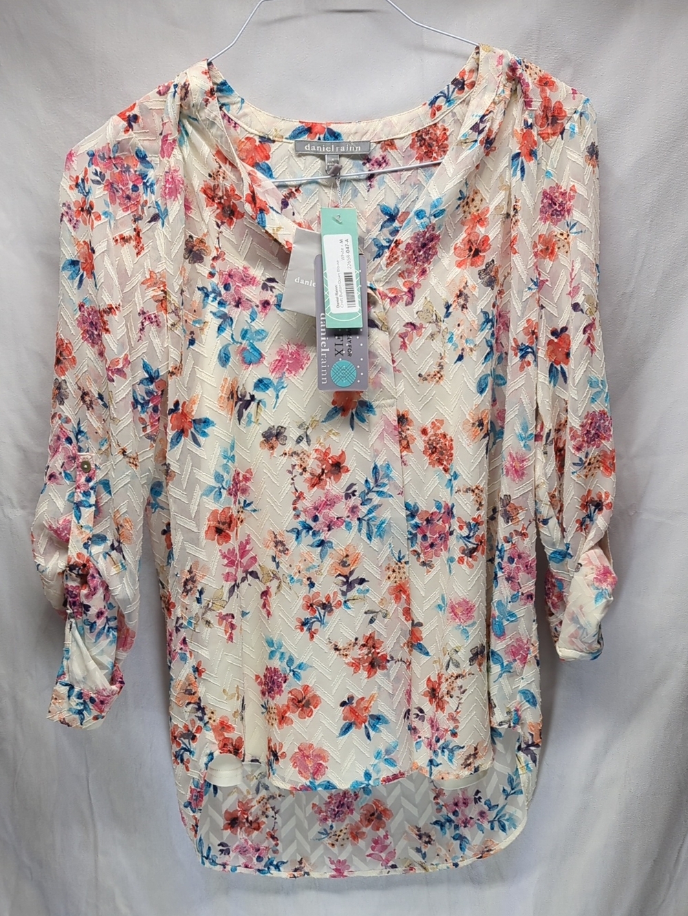 Daniel Rainn Cream Floral V-Neck Button-Tab Sleeve Blouse
